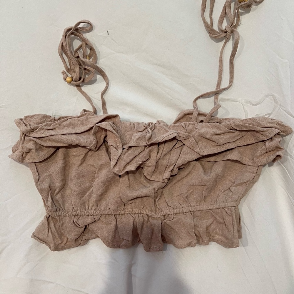 ILLA ILLA Tan Smocked Ruffled Crop Top